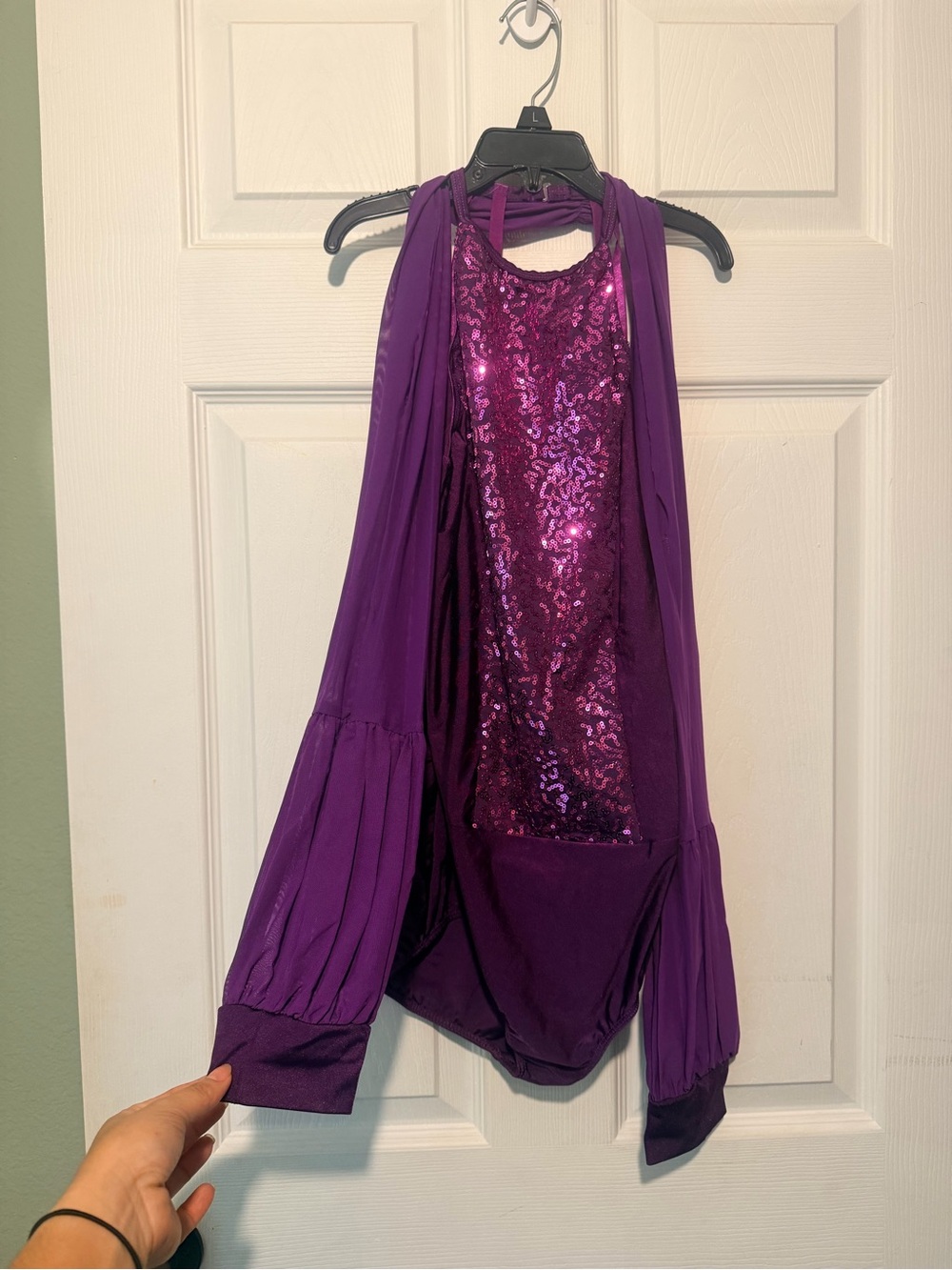 Purple Sequin Halter Long-Sleeve Bodysuit